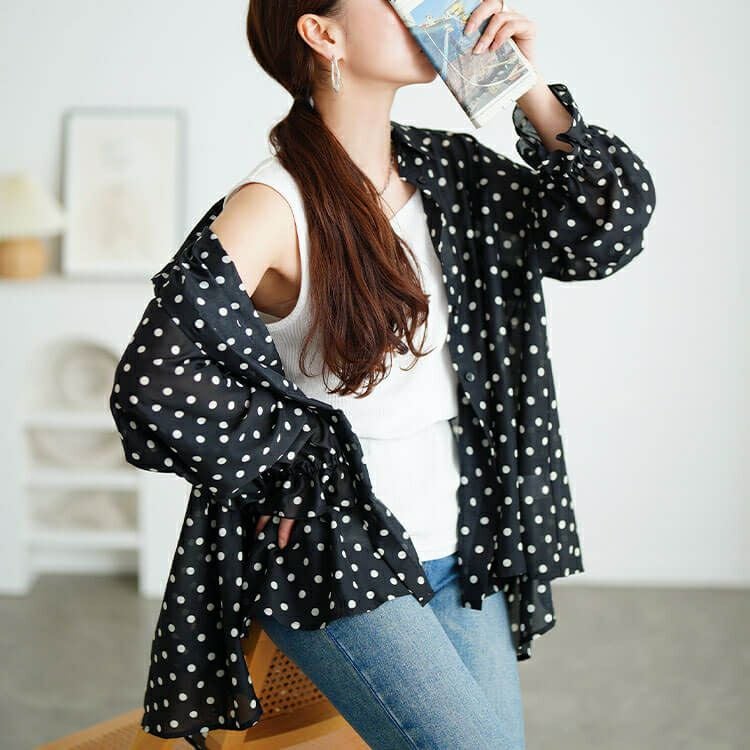 大きいサイズ レディース ドットキャンディスリーブフレアシャツ　tana-ww650035 【メール便可】