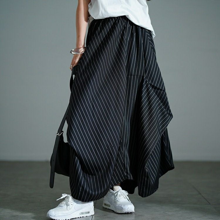 大きいサイズ レディース ストライプランダムタック変形スカート　nw-25036