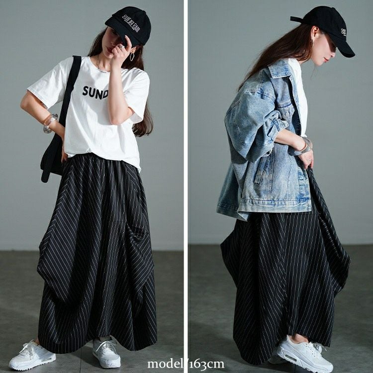 大きいサイズ レディース ストライプランダムタック変形スカート　nw-25036