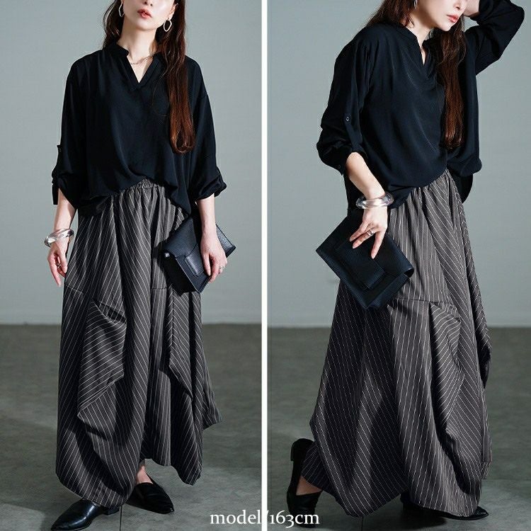 大きいサイズ レディース ストライプランダムタック変形スカート　nw-25036