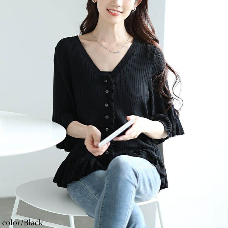 大きいサイズ レディース フリル使いリブニットカーディガン　sum-0032