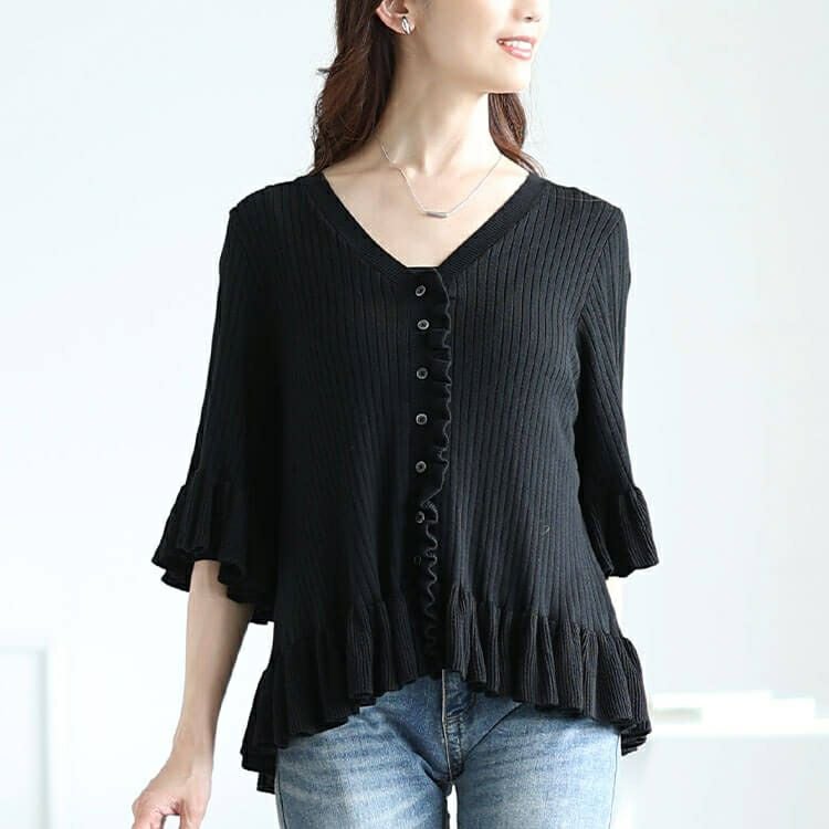 大きいサイズ レディース フリル使いリブニットカーディガン　sum-0032