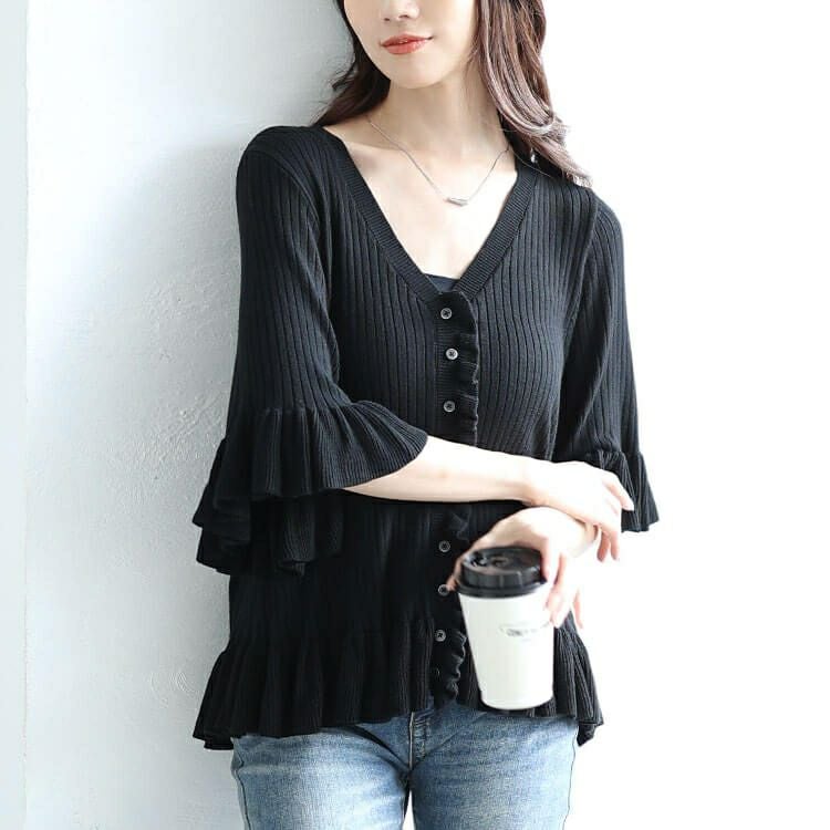 大きいサイズ レディース フリル使いリブニットカーディガン　sum-0032