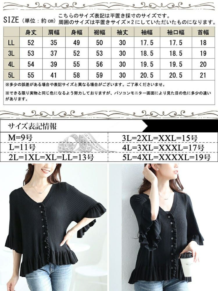 大きいサイズ レディース フリル使いリブニットカーディガン　sum-0032