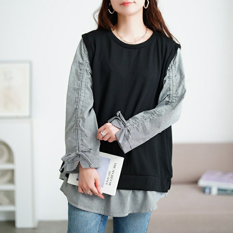 大きいサイズ レディース ドロストスリーブフェイクベストプルオーバー　cast-5556018