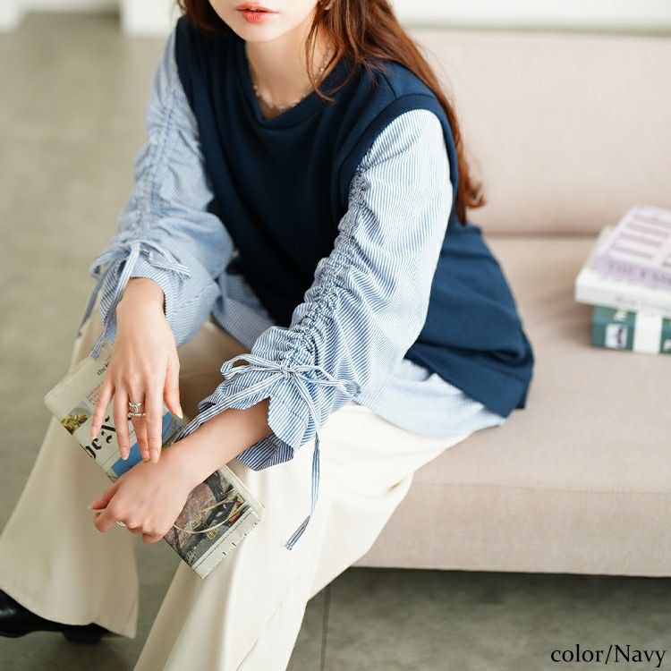 大きいサイズ レディース ドロストスリーブフェイクベストプルオーバー　cast-5556018