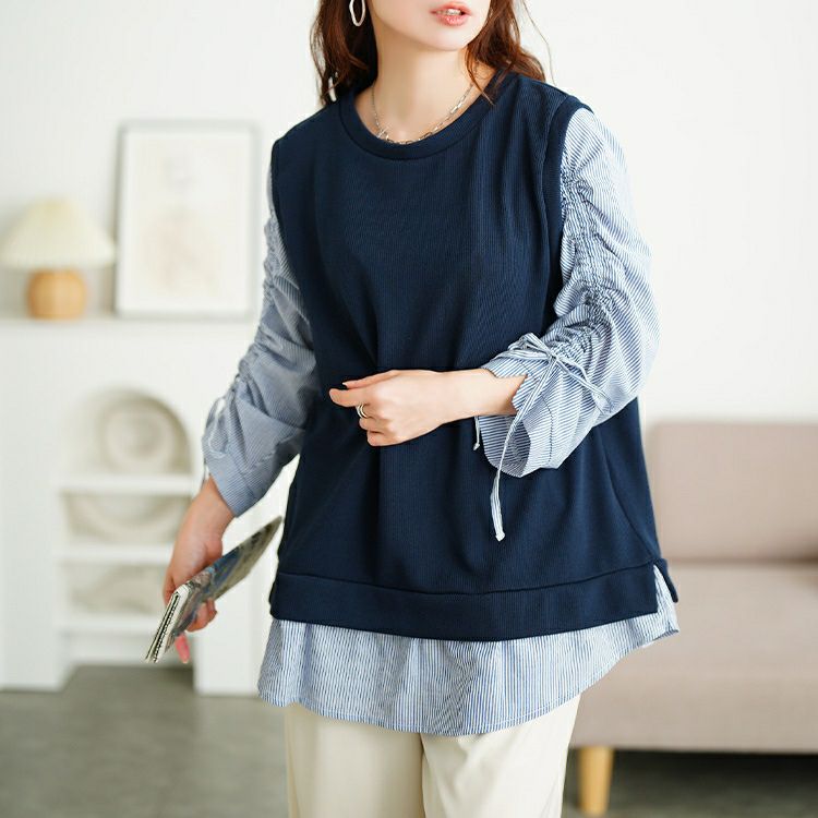 大きいサイズ レディース ドロストスリーブフェイクベストプルオーバー　cast-5556018