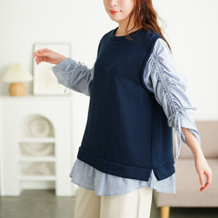 大きいサイズ レディース ドロストスリーブフェイクベストプルオーバー　cast-5556018