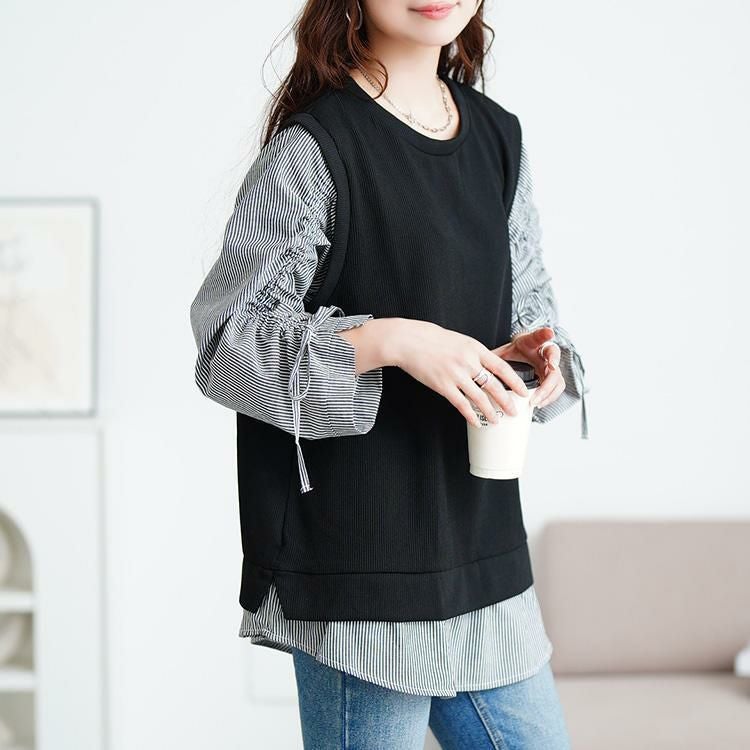 大きいサイズ レディース ドロストスリーブフェイクベストプルオーバー　cast-5556018 ブラック