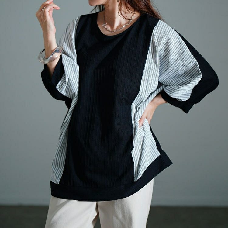 大きいサイズ レディース ストライプ異素材切り替えドルマンプルオーバー　cast-5556012 【メール便可】