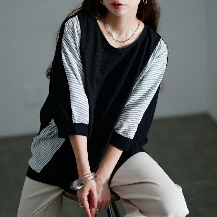 大きいサイズ レディース ストライプ異素材切り替えドルマンプルオーバー　cast-5556012 【メール便可】