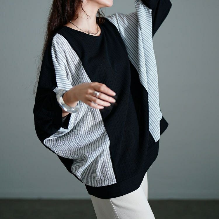 大きいサイズ レディース ストライプ異素材切り替えドルマンプルオーバー　cast-5556012 【メール便可】