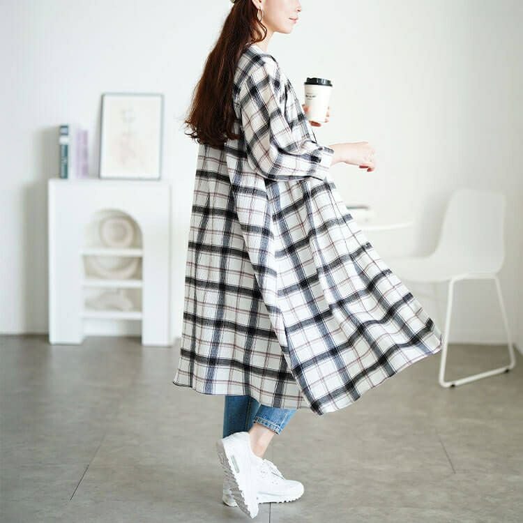 大きいサイズ レディース ワンポイント刺繍チェックシャツワンピース