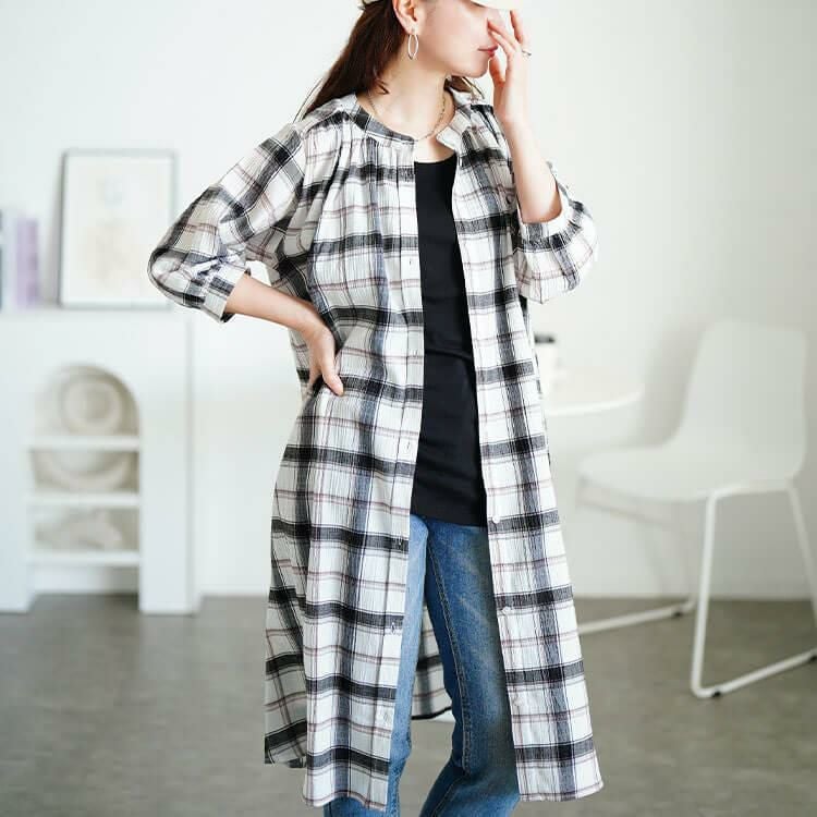 大きいサイズ レディース ワンポイント刺繍チェックシャツワンピース