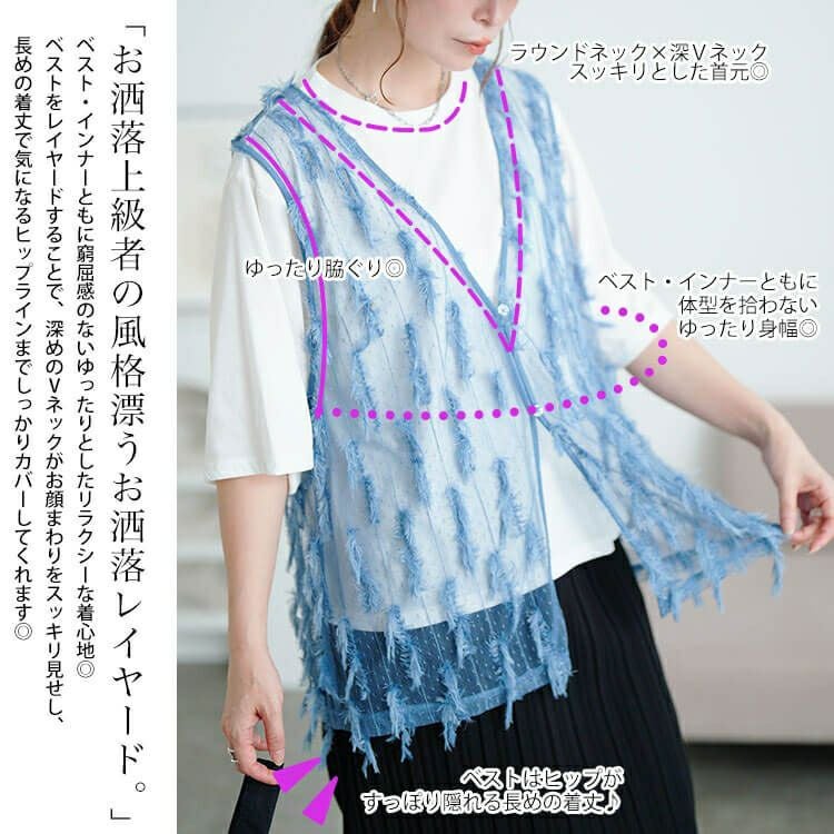 大きいサイズ レディース フリンジベスト＆Tシャツ2点セット　cpdai-647133 【メール便可】