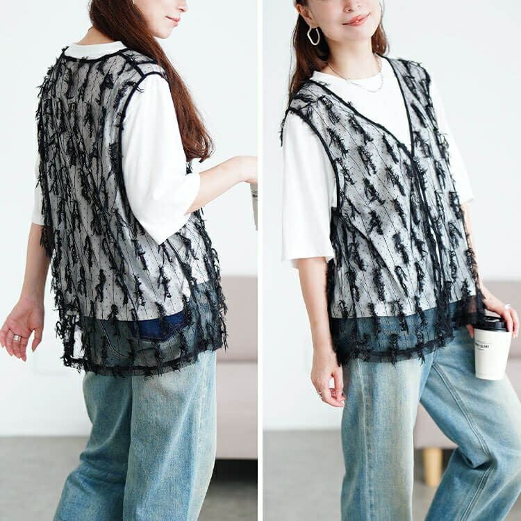 大きいサイズ レディース フリンジベスト＆Tシャツ2点セット　cpdai-647133 【メール便可】