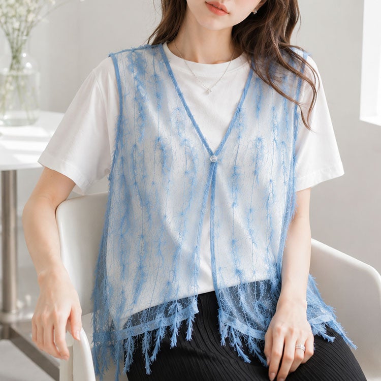 大きいサイズ レディース フリンジベスト＆Tシャツ2点セット　cpdai-647133 【メール便可】