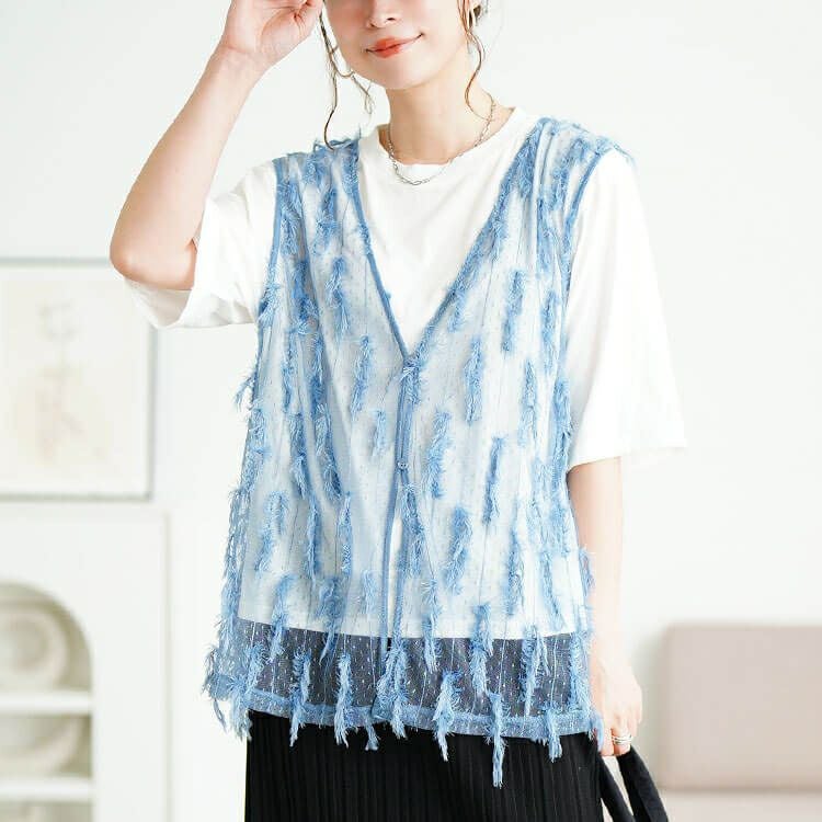 大きいサイズ レディース フリンジベスト＆Tシャツ2点セット　cpdai-647133 【メール便可】