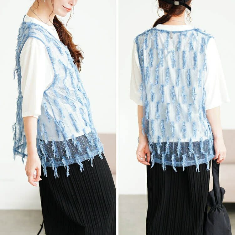 大きいサイズ レディース フリンジベスト＆Tシャツ2点セット　cpdai-647133 【メール便可】