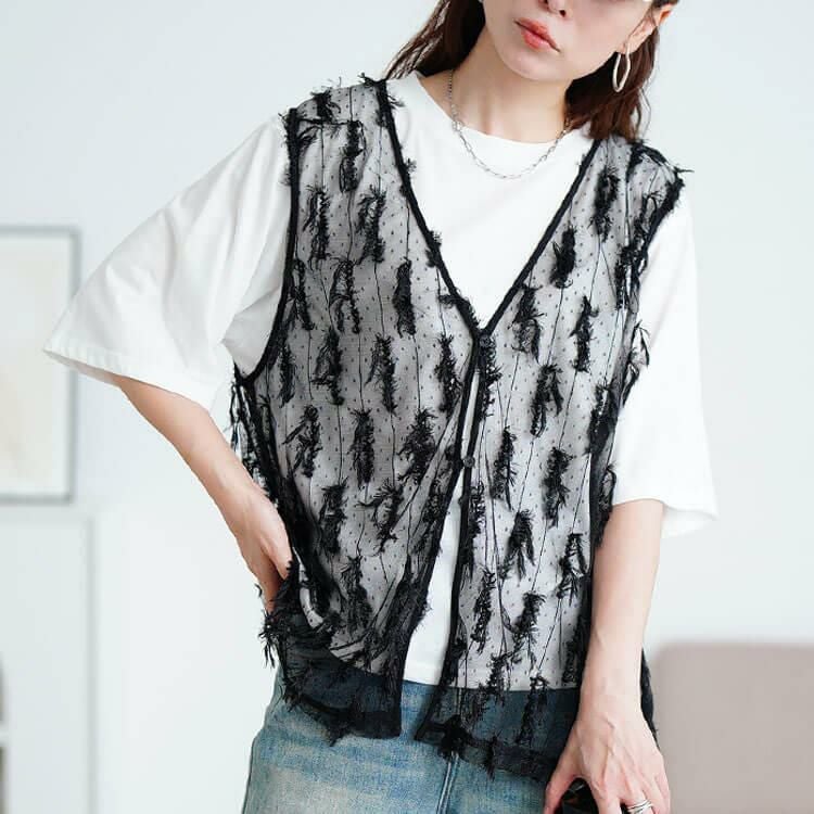大きいサイズ レディース フリンジベスト＆Tシャツ2点セット　cpdai-647133 【メール便可】 ブラック