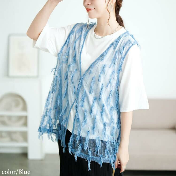 大きいサイズ レディース フリンジベスト＆Tシャツ2点セット　cpdai-647133 【メール便可】 ブルー