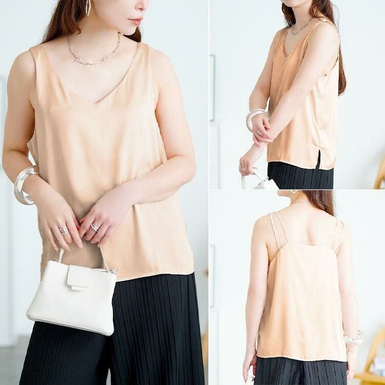 大きいサイズ レディース バックストラップVネックノースリーブトップス　goldy-1729【メール便可】 ベージュ