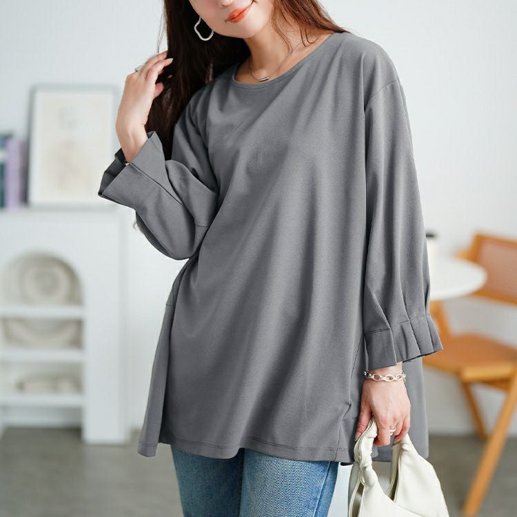 大きいサイズ レディース 袖口タックパールボタンフレアチュニック　mncut-152520 【メール便可】