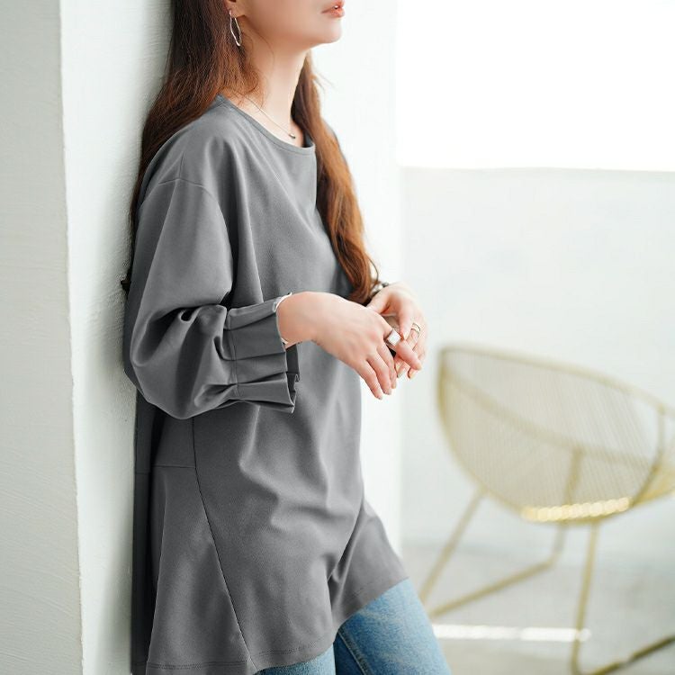 大きいサイズ レディース 袖口タックパールボタンフレアチュニック　mncut-152520 【メール便可】