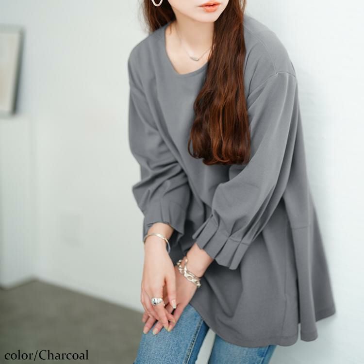 大きいサイズ レディース 袖口タックパールボタンフレアチュニック　mncut-152520 【メール便可】 チャコール