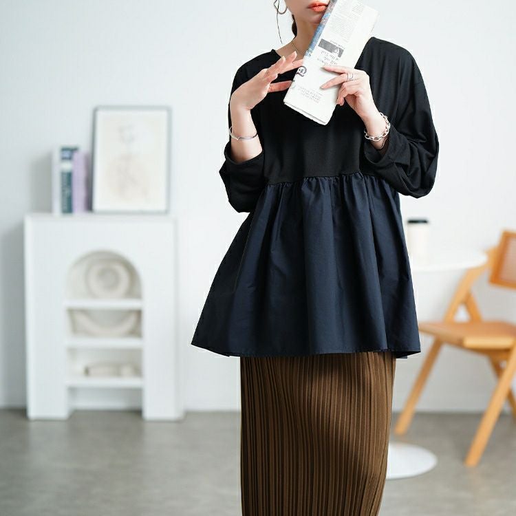 大きいサイズ レディース 異素材ペプラム切り替えプルオーバー　mncut-152519 【メール便可】