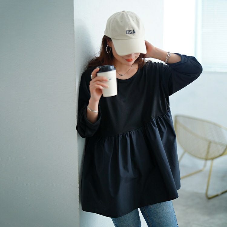 大きいサイズ レディース 異素材ペプラム切り替えプルオーバー　mncut-152519 【メール便可】