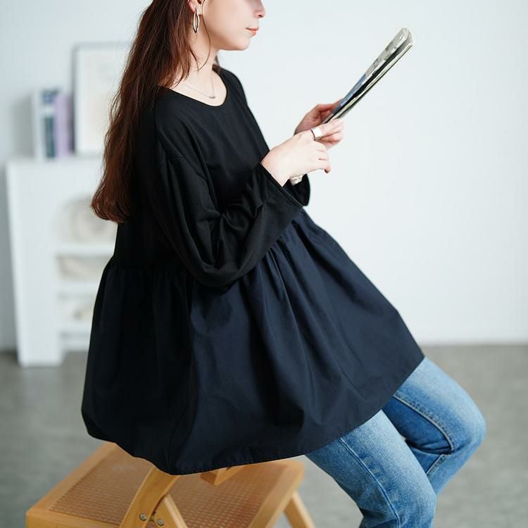 大きいサイズ レディース 異素材ペプラム切り替えプルオーバー　mncut-152519 【メール便可】 ブラック