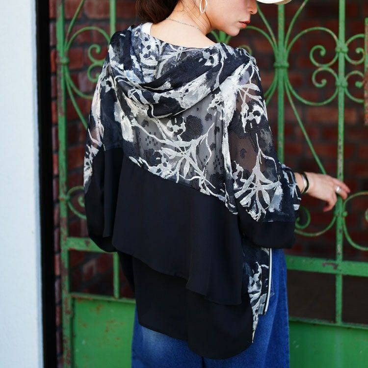 大きいサイズ レディース シアー花柄配色ティアード切り替えパーカー　sw-0817 【メール便可】