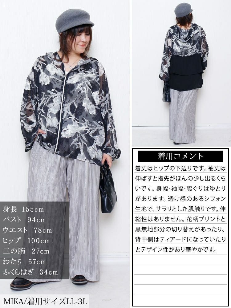 大きいサイズ レディース シアー花柄配色ティアード切り替えパーカー　sw-0817 【メール便可】