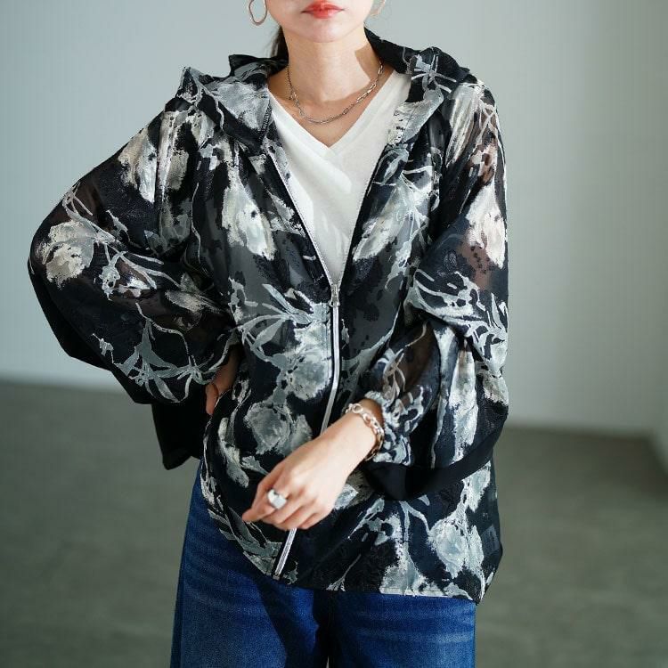 大きいサイズ レディース シアー花柄配色ティアード切り替えパーカー　sw-0817 【メール便可】 ブラック