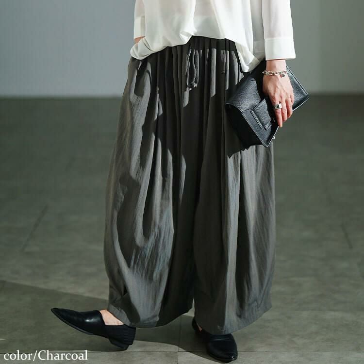 大きいサイズ レディース 裾タックワイドパンツ　sw-0816 チャコール