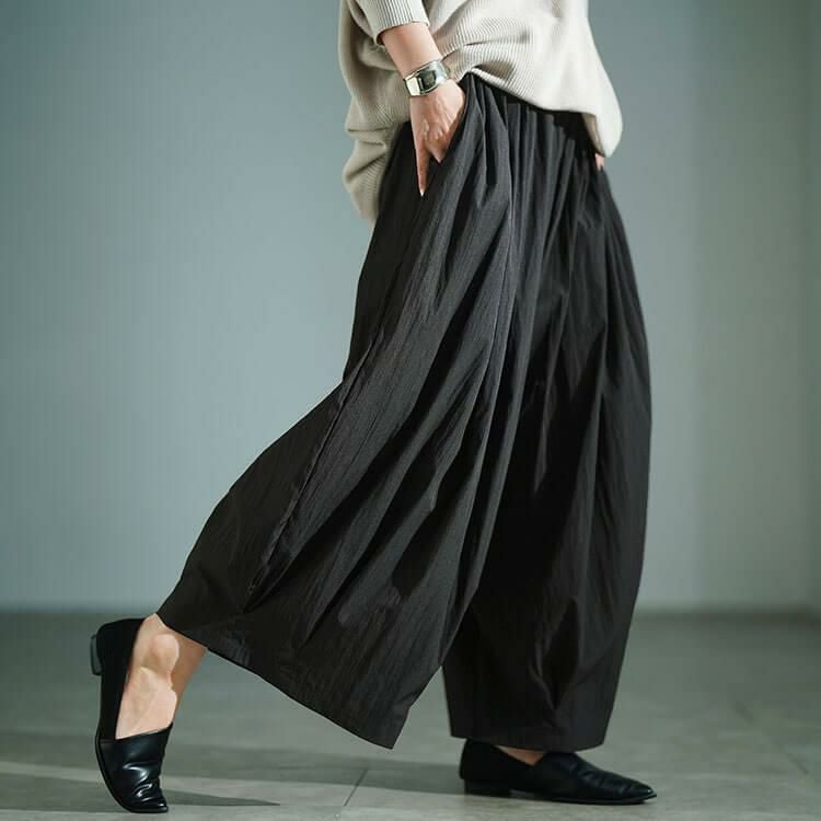 大きいサイズ レディース 裾タックワイドパンツ　sw-0816 ブラック