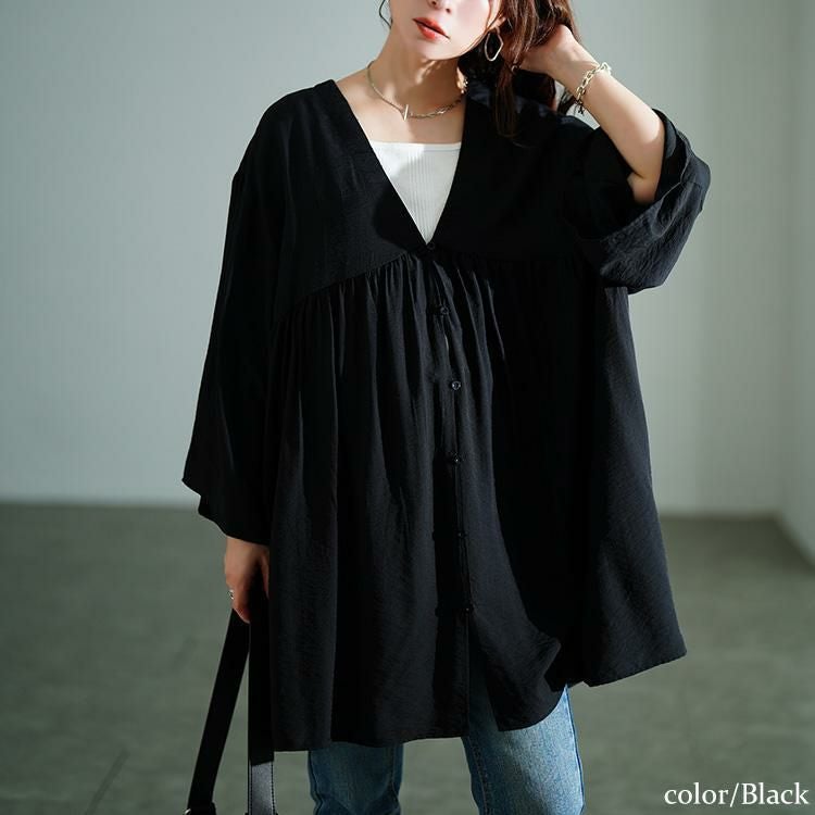 大きいサイズ レディース ワイドスリーブギャザー切り替えチュニック　sw-0801 【メール便可】 ブラック