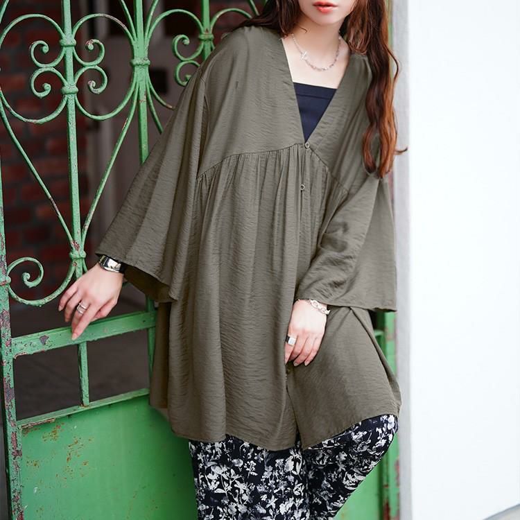 大きいサイズ レディース ワイドスリーブギャザー切り替えチュニック　sw-0801 【メール便可】 チャコール