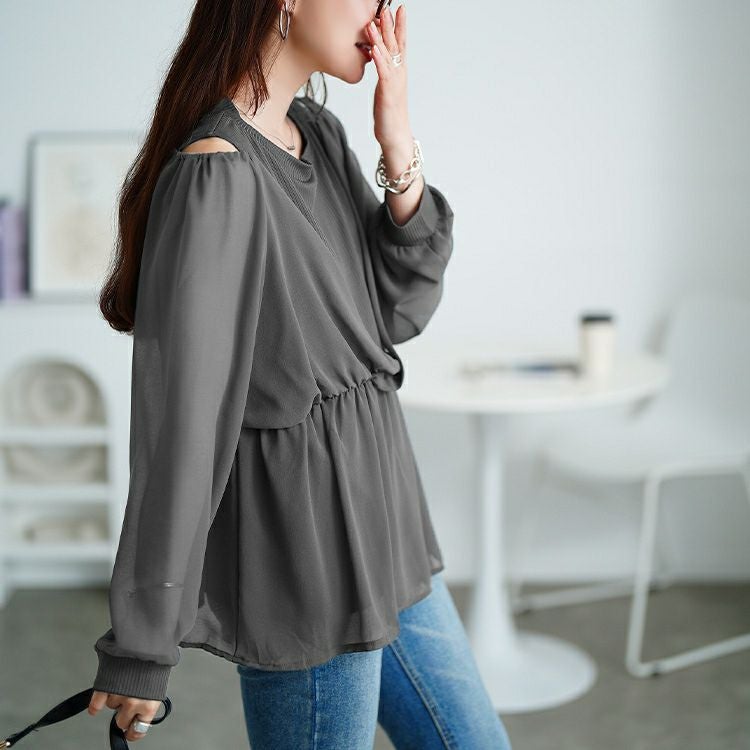 大きいサイズ レディース オープンショルダー重ね着風ペプラムチュニック　sum-0030 【メール便可】
