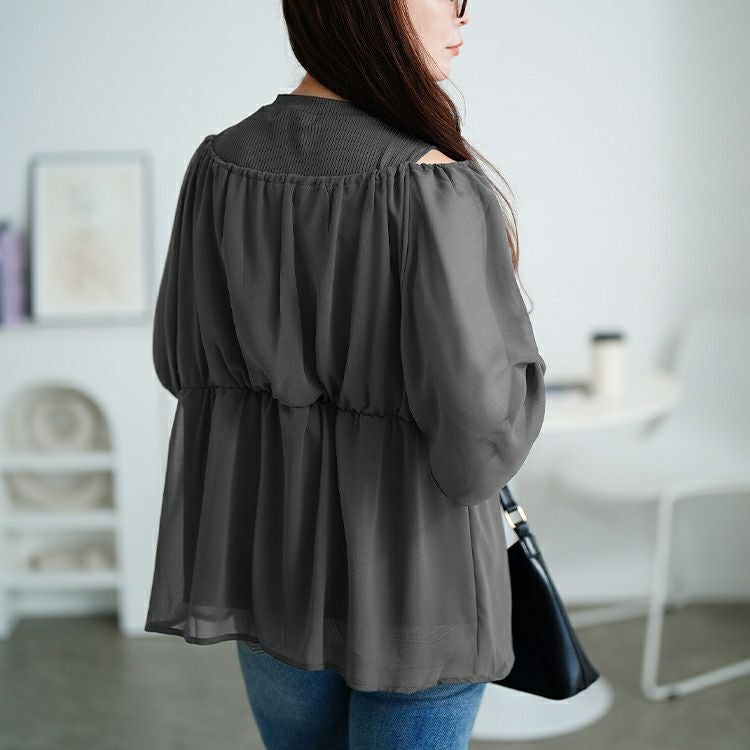 大きいサイズ レディース オープンショルダー重ね着風ペプラムチュニック　sum-0030 【メール便可】