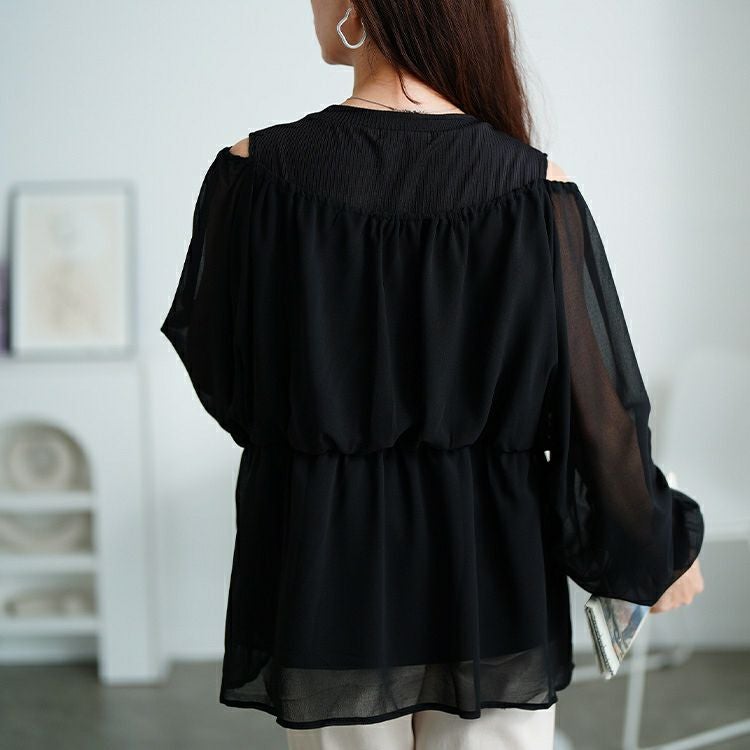 大きいサイズ レディース オープンショルダー重ね着風ペプラムチュニック　sum-0030 【メール便可】