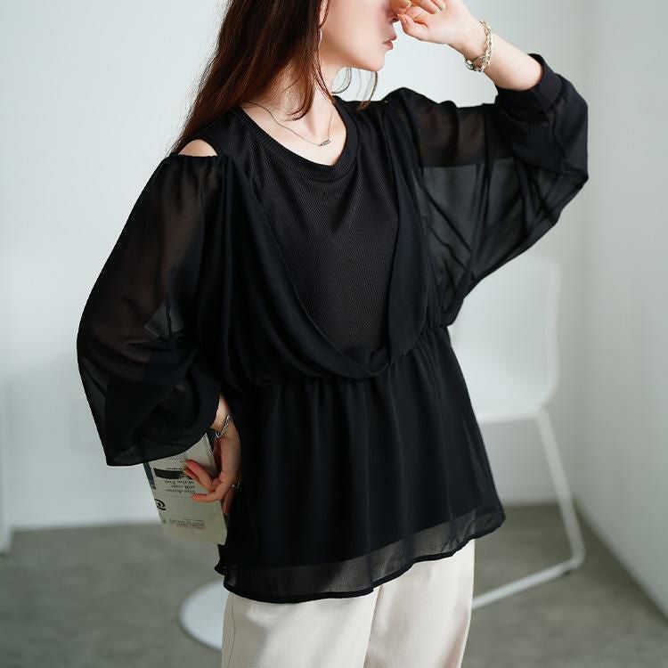 大きいサイズ レディース オープンショルダー重ね着風ペプラムチュニック　sum-0030 【メール便可】 ブラック