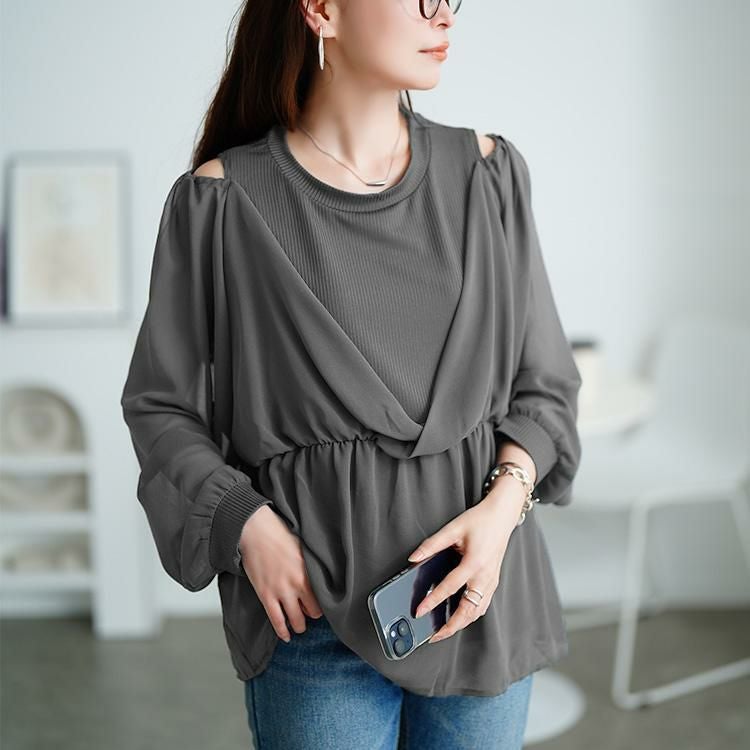 大きいサイズ レディース オープンショルダー重ね着風ペプラムチュニック　sum-0030 【メール便可】 チャコール
