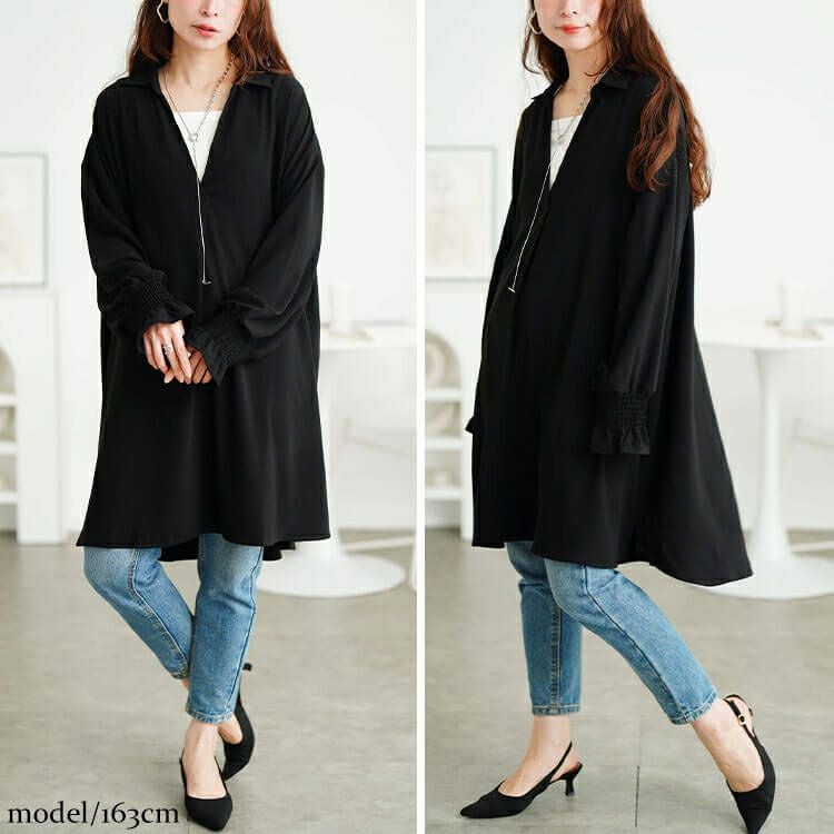 大きいサイズ レディース 袖口シャーリングスキッパーシャツチュニック　sum-0029 【メール便可】