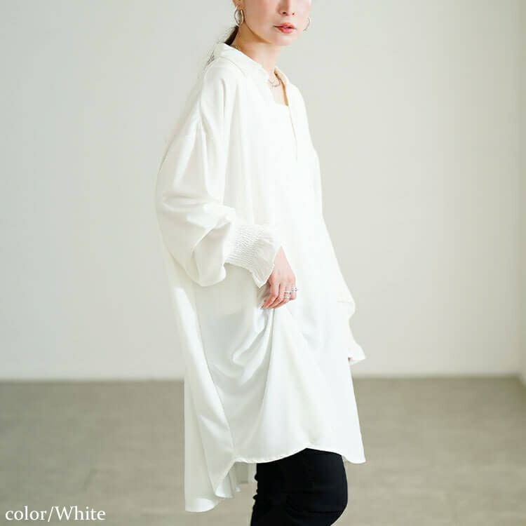 大きいサイズ レディース 袖口シャーリングスキッパーシャツチュニック　sum-0029 【メール便可】