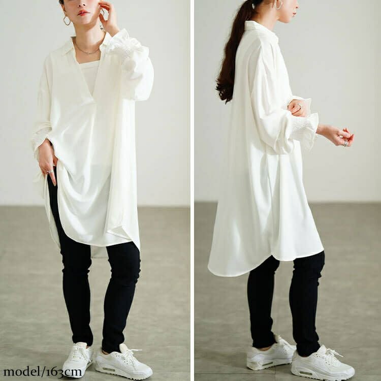 大きいサイズ レディース 袖口シャーリングスキッパーシャツチュニック　sum-0029 【メール便可】