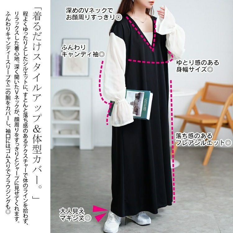 大きいサイズ レディース シアーキャンディスリーブ重ね着風ワンピース　maru-30199