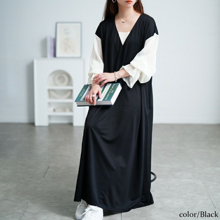 大きいサイズ レディース シアーキャンディスリーブ重ね着風ワンピース　maru-30199