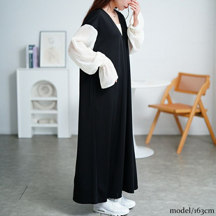 大きいサイズ レディース シアーキャンディスリーブ重ね着風ワンピース　maru-30199